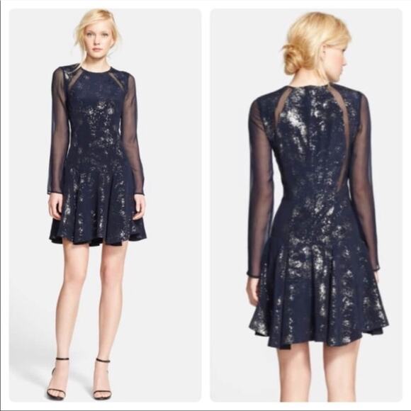Rebecca Taylor Foil Silk Mesh Fit and Flare Dress Navy Sz 4 - Picture 1 of 15
